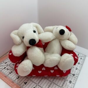 Plush White Puppy Pair on Red Heart Sofa